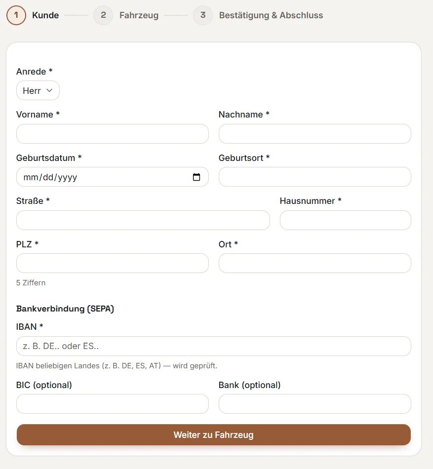 Schritt 1 von 3: Kundendaten – Local Flow